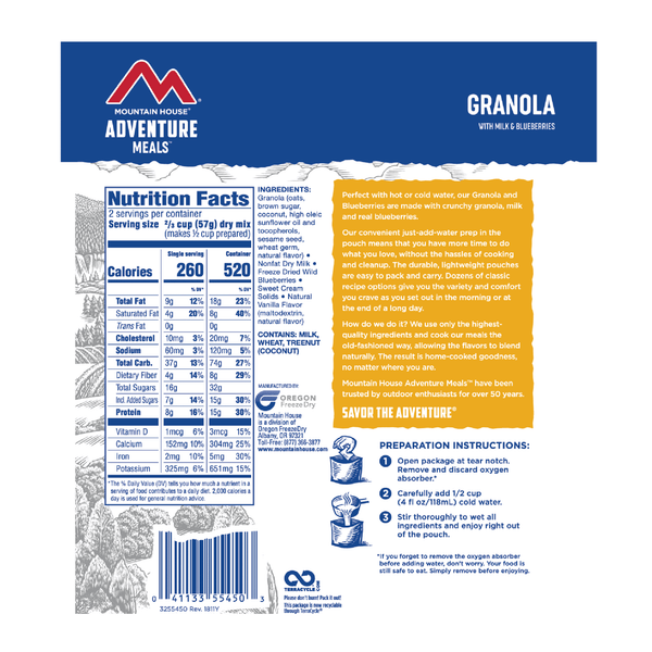 Mountain House Granola With Milk & Blueberries - Ascent Outdoors LLC